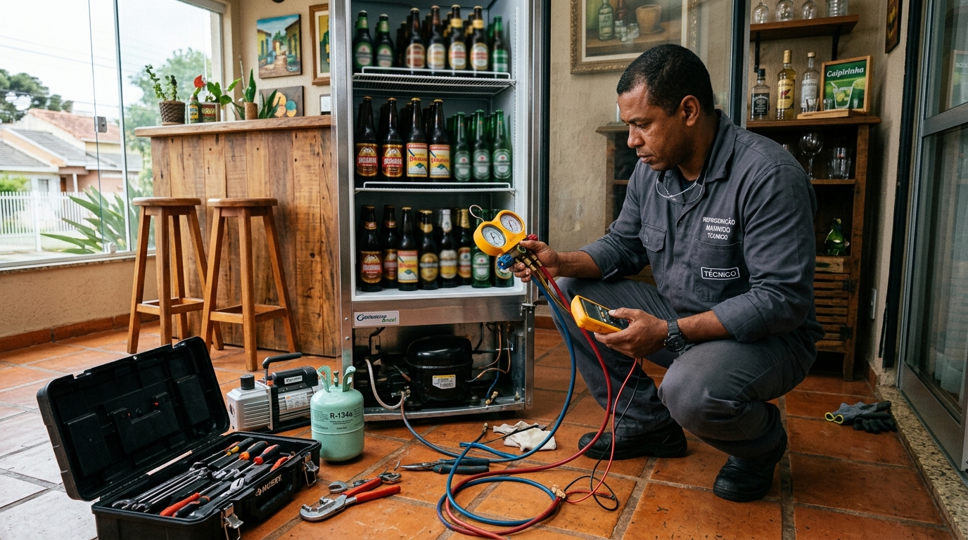Técnico realizando manutenção de motor de cervejeira em Governador Valadares‑MG