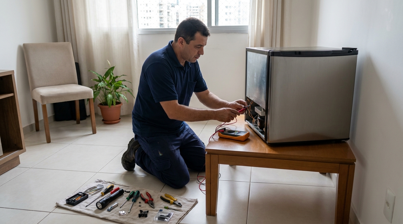 Técnico realizando manutenção de motor de frigobar em Governador Valadares‑MG
